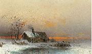 unknow artist Winter picture with cabin at a river painting